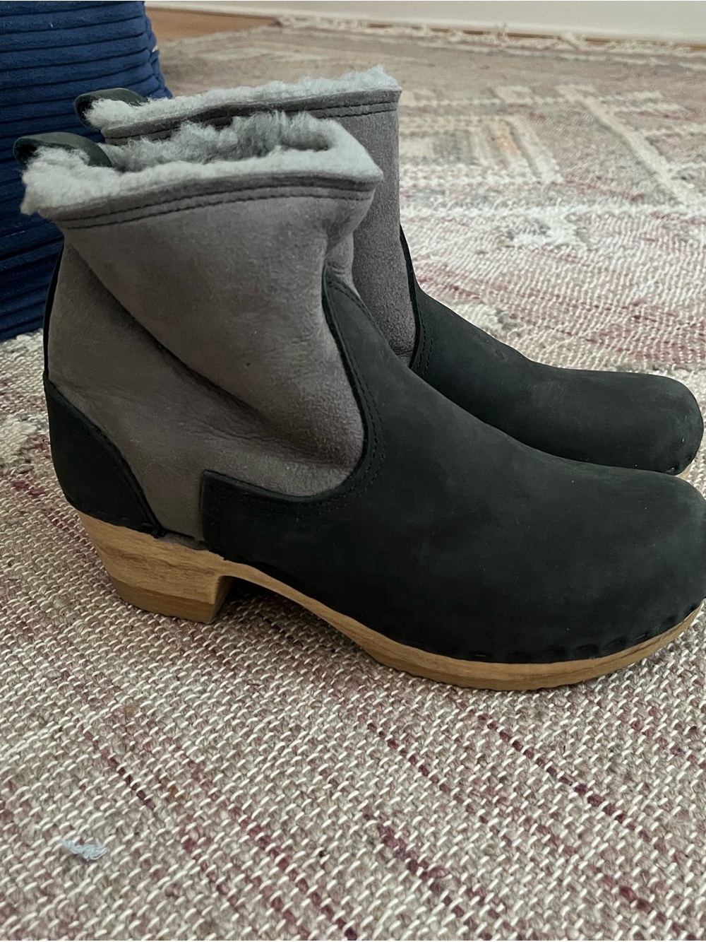 No. 6 Light Blue and Grey-  Shearling-Lined Ankle Clogs